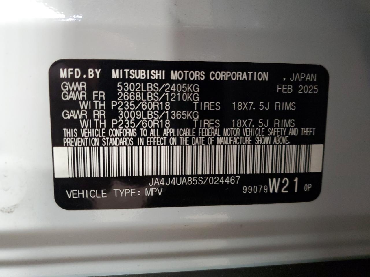 2025 Mitsubishi Outlander Es VIN: JA4J4UA85SZ024467 Lot: 92367925