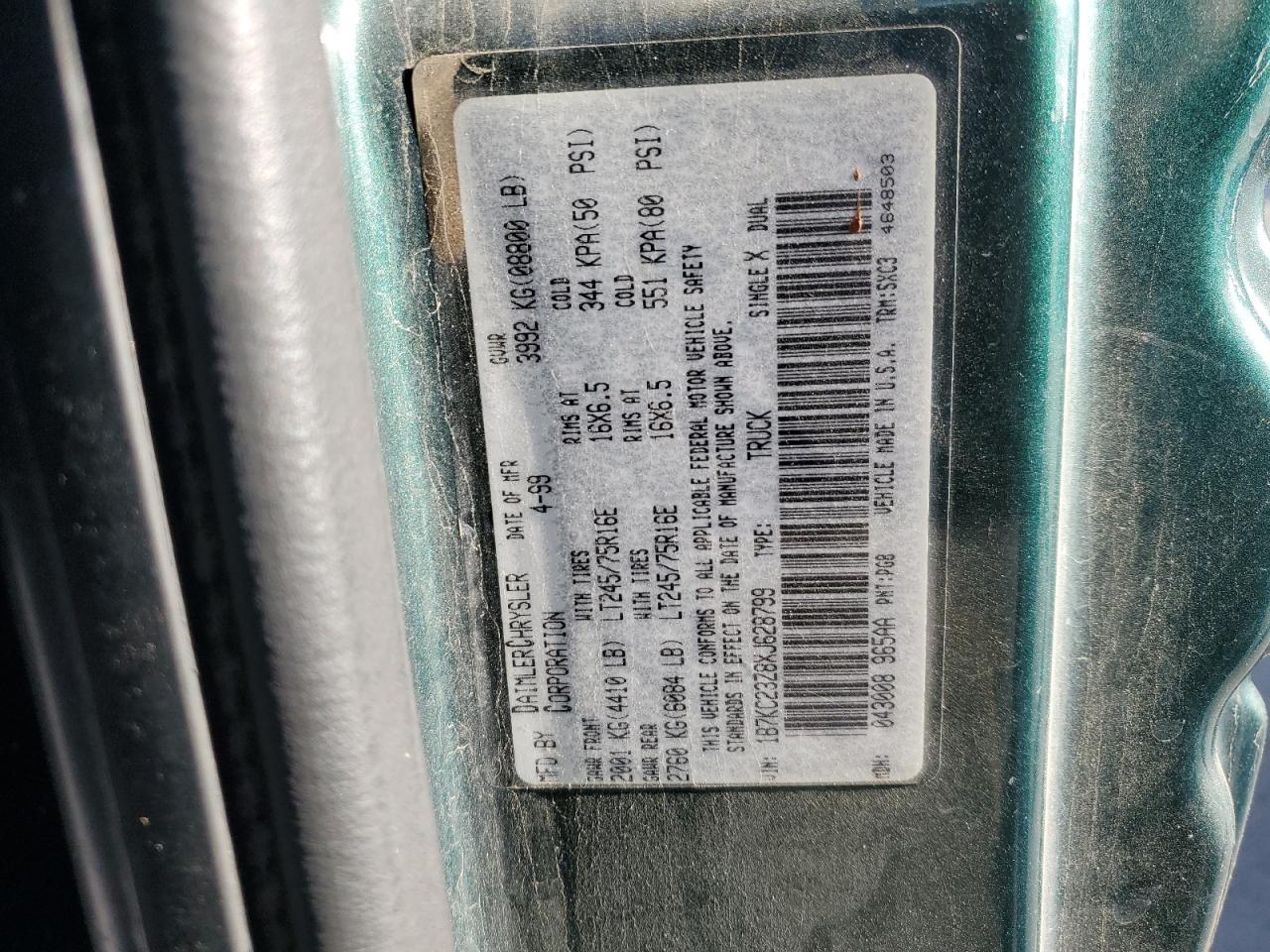 1999 Dodge Ram 2500 VIN: 1B7KC23Z8XJ628799 Lot: 91405715