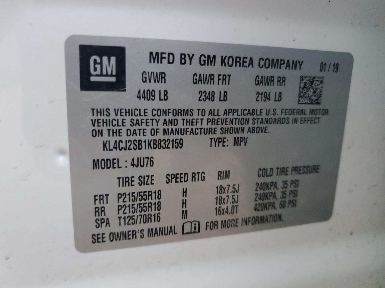 2019 Buick Encore Sport Touring VIN: KL4CJ2SB1KB832159 Lot: 93142785