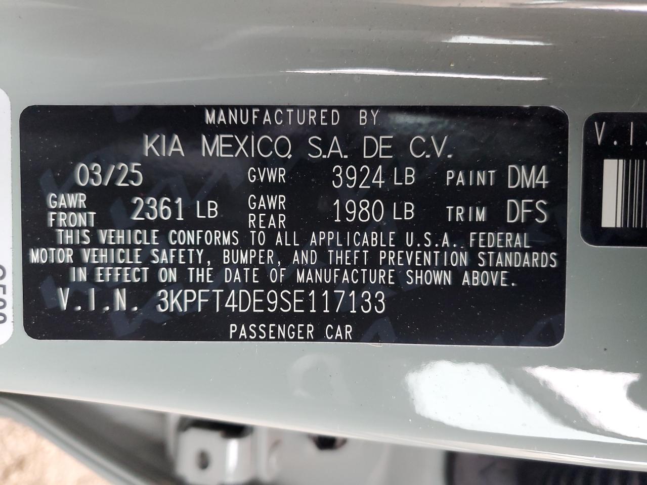 2025 Kia K4 Lx VIN: 3KPFT4DE9SE117133 Lot: 92941035