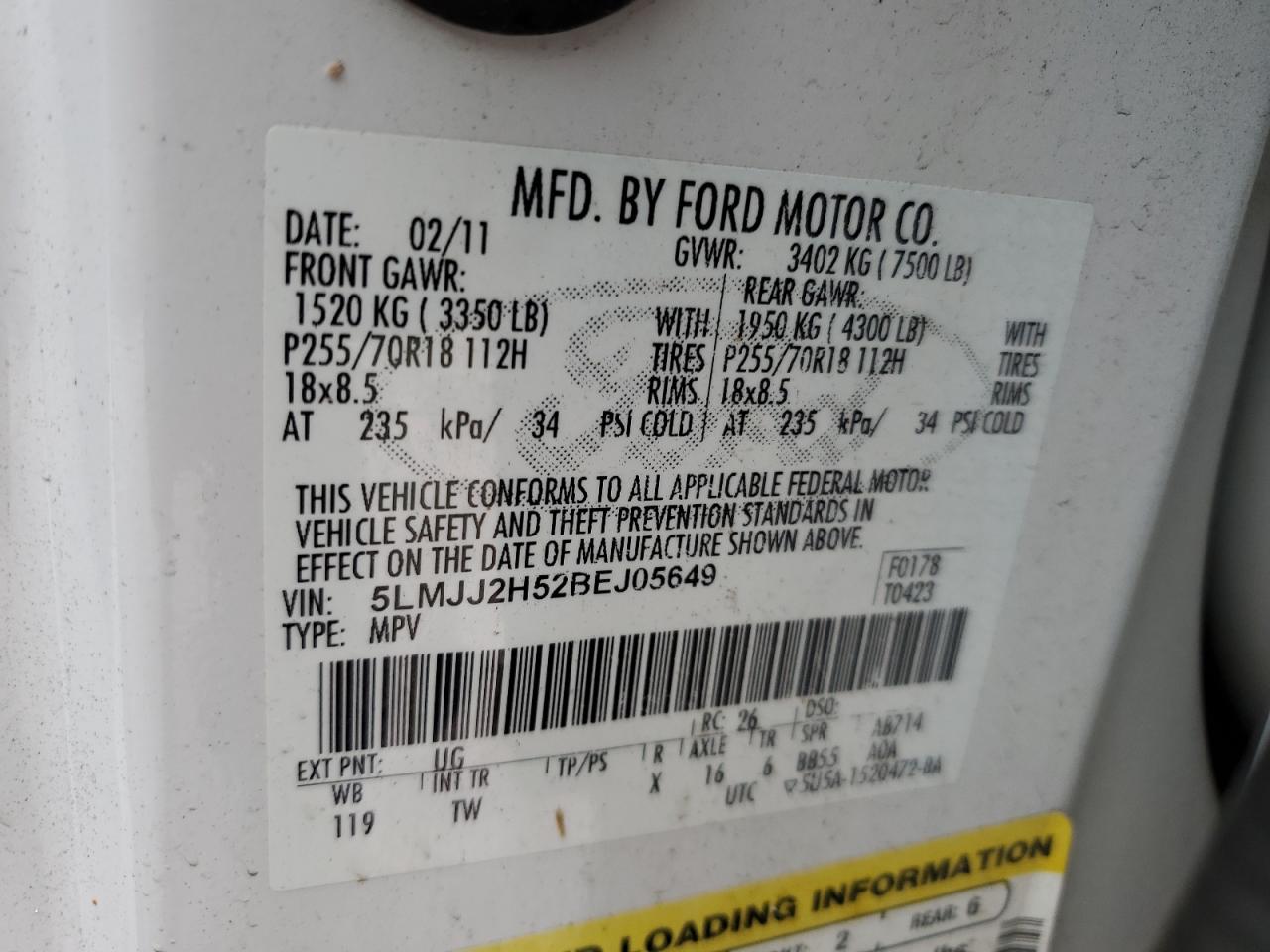 2011 Lincoln Navigator VIN: 5LMJJ2H52BEJ05649 Lot: 92281835