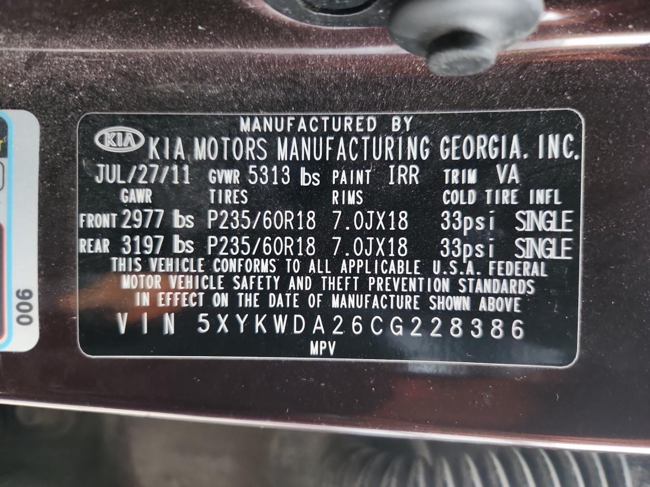 2012 Kia Sorento Sx VIN: 5XYKWDA26CG228386 Lot: 93941865