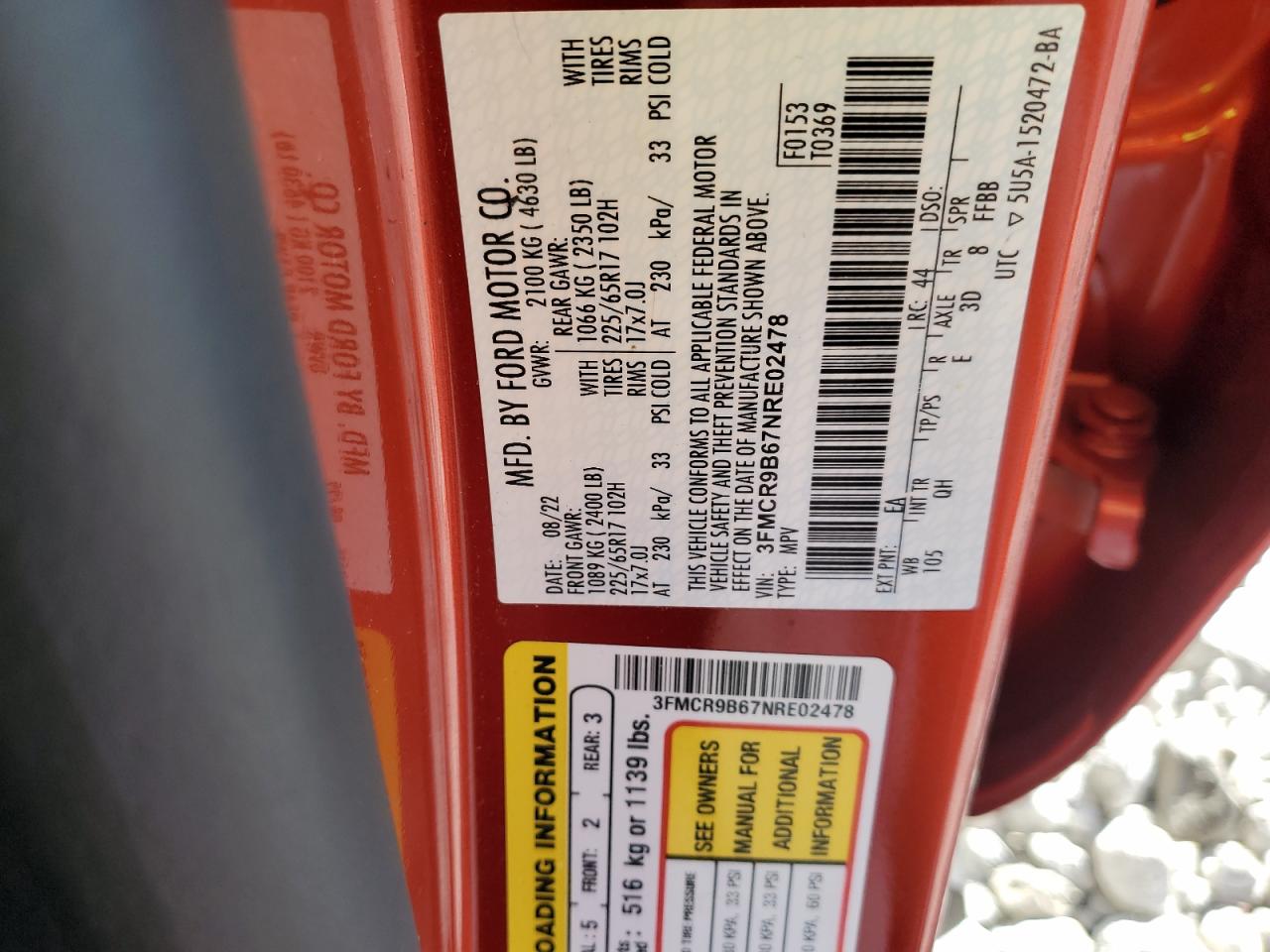 2022 Ford Bronco Sport Big Bend VIN: 3FMCR9B67NRE02478 Lot: 91527125