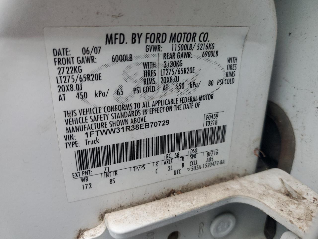 2008 Ford F350 Srw Super Duty VIN: 1FTWW31R38EB70729 Lot: 91700705