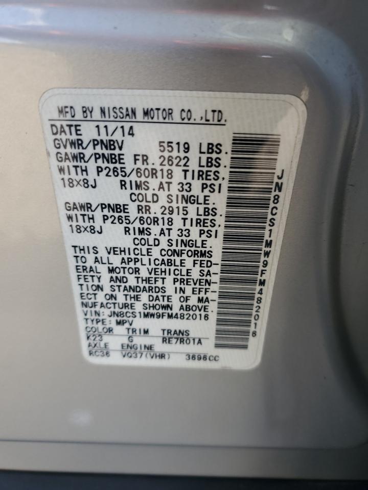 2015 Infiniti Qx70 VIN: JN8CS1MW9FM482016 Lot: 91623355