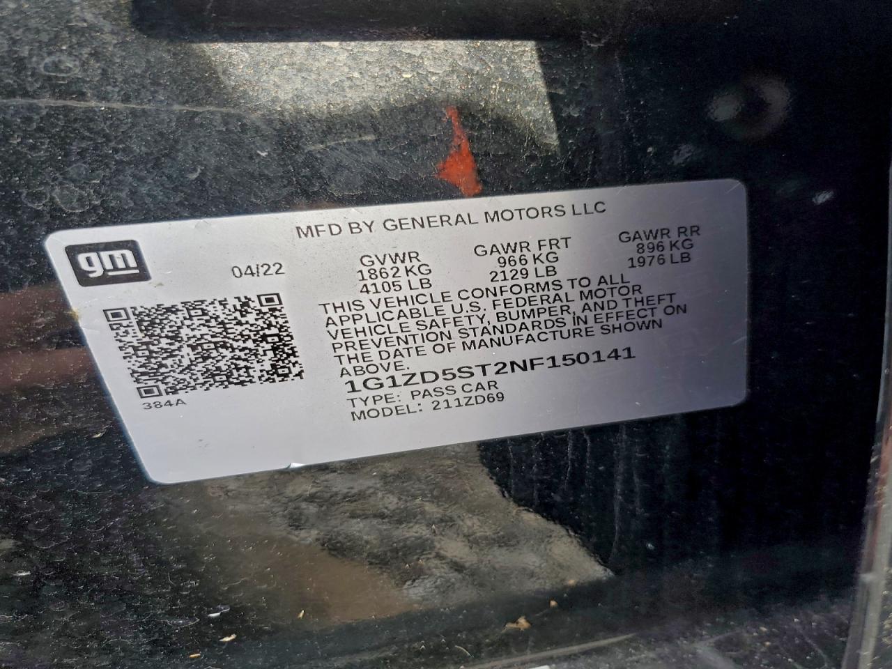 2022 Chevrolet Malibu Lt VIN: 1G1ZD5ST2NF150141 Lot: 93955535