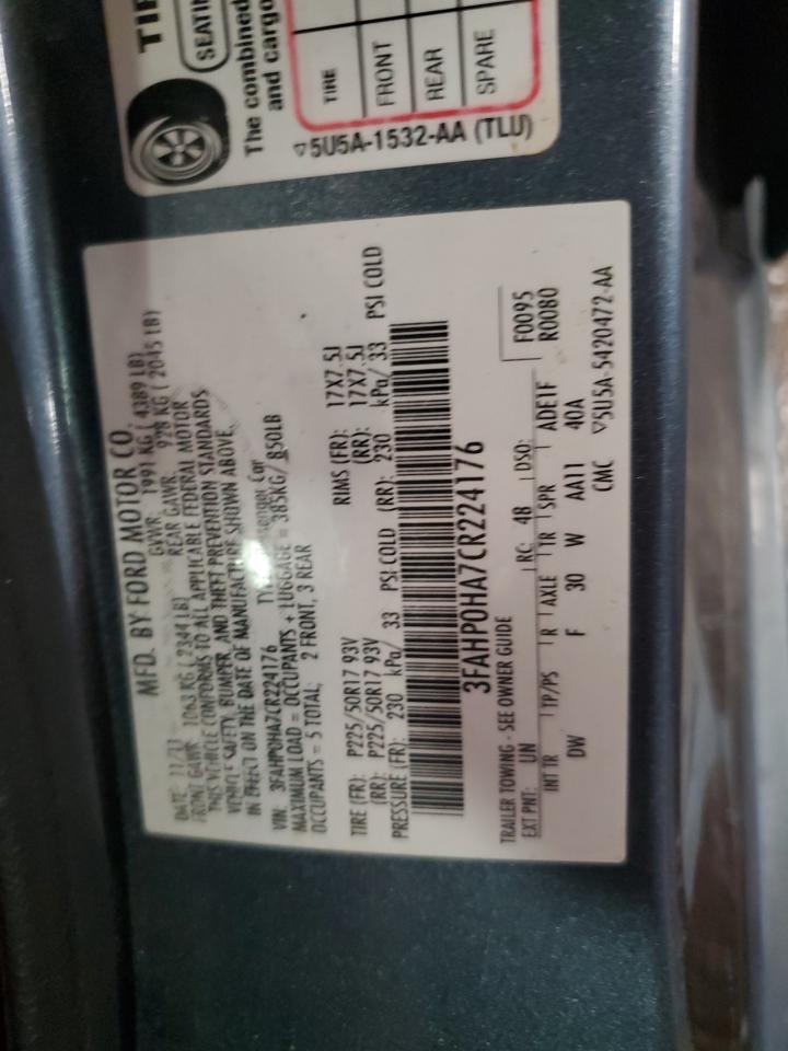 2012 Ford Fusion Se VIN: 3FAHP0HA7CR224176 Lot: 92822635