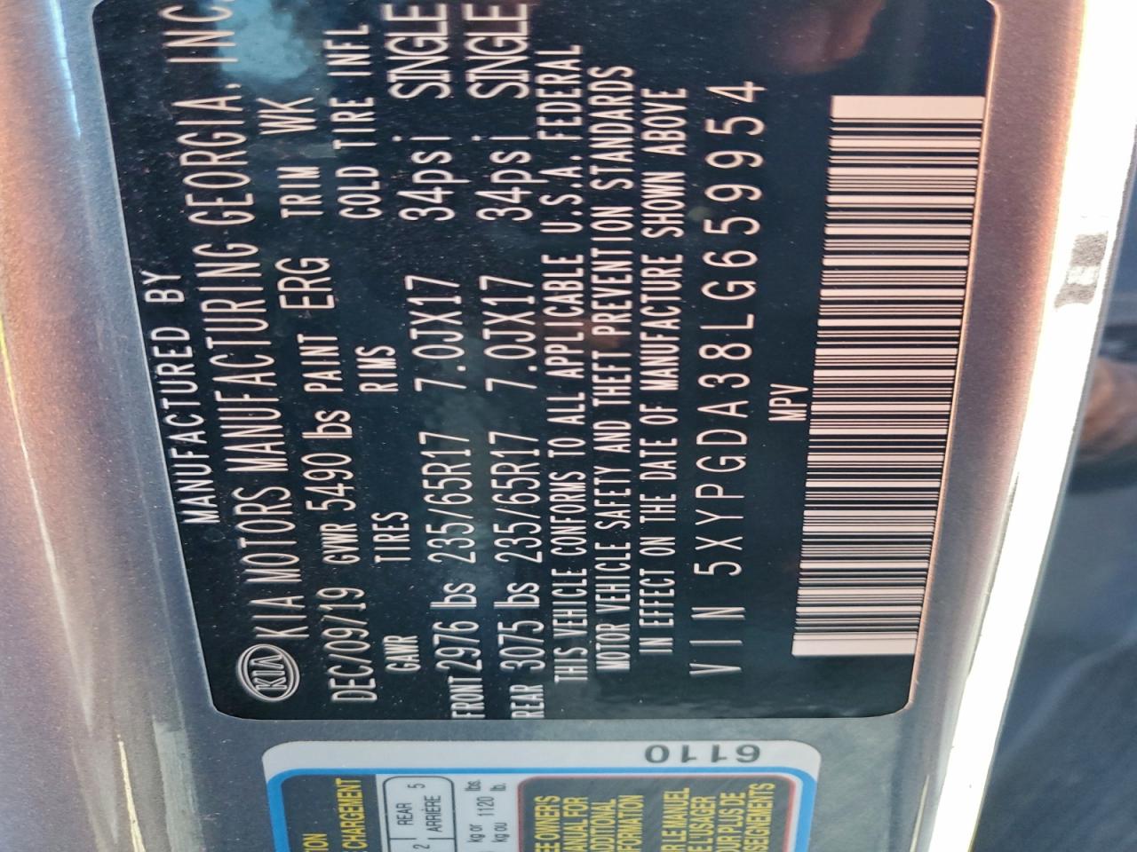 2020 Kia Sorento L VIN: 5XYPGDA38LG659954 Lot: 93303765