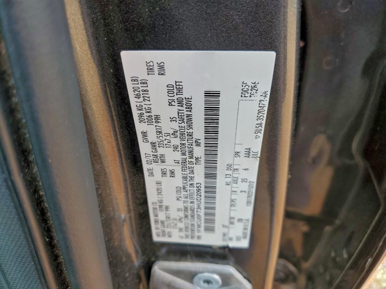 2017 Ford Escape S VIN: 1FMCU0F73HUD20953 Lot: 93813965