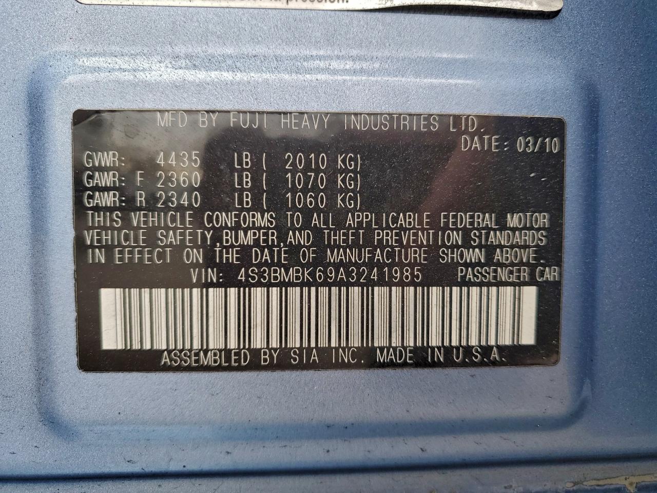 2010 Subaru Legacy 2.5I Limited VIN: 4S3BMBK69A3241985 Lot: 94154725