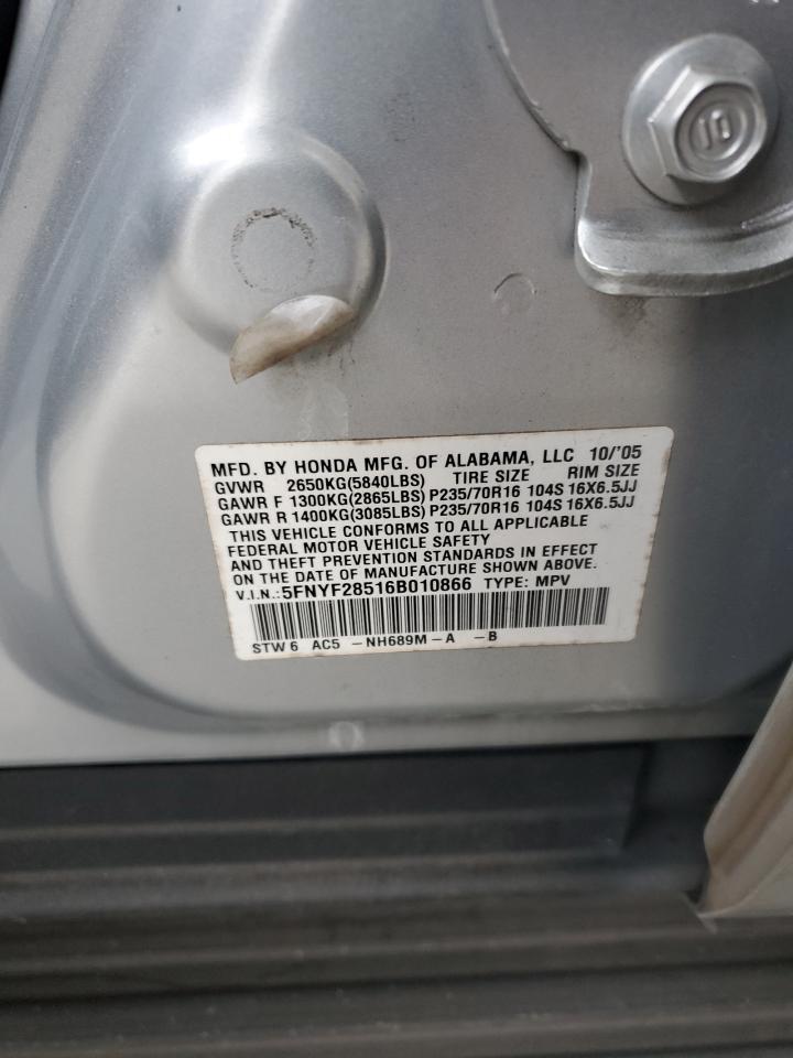 2006 Honda Pilot Ex VIN: 5FNYF28516B010866 Lot: 92211675