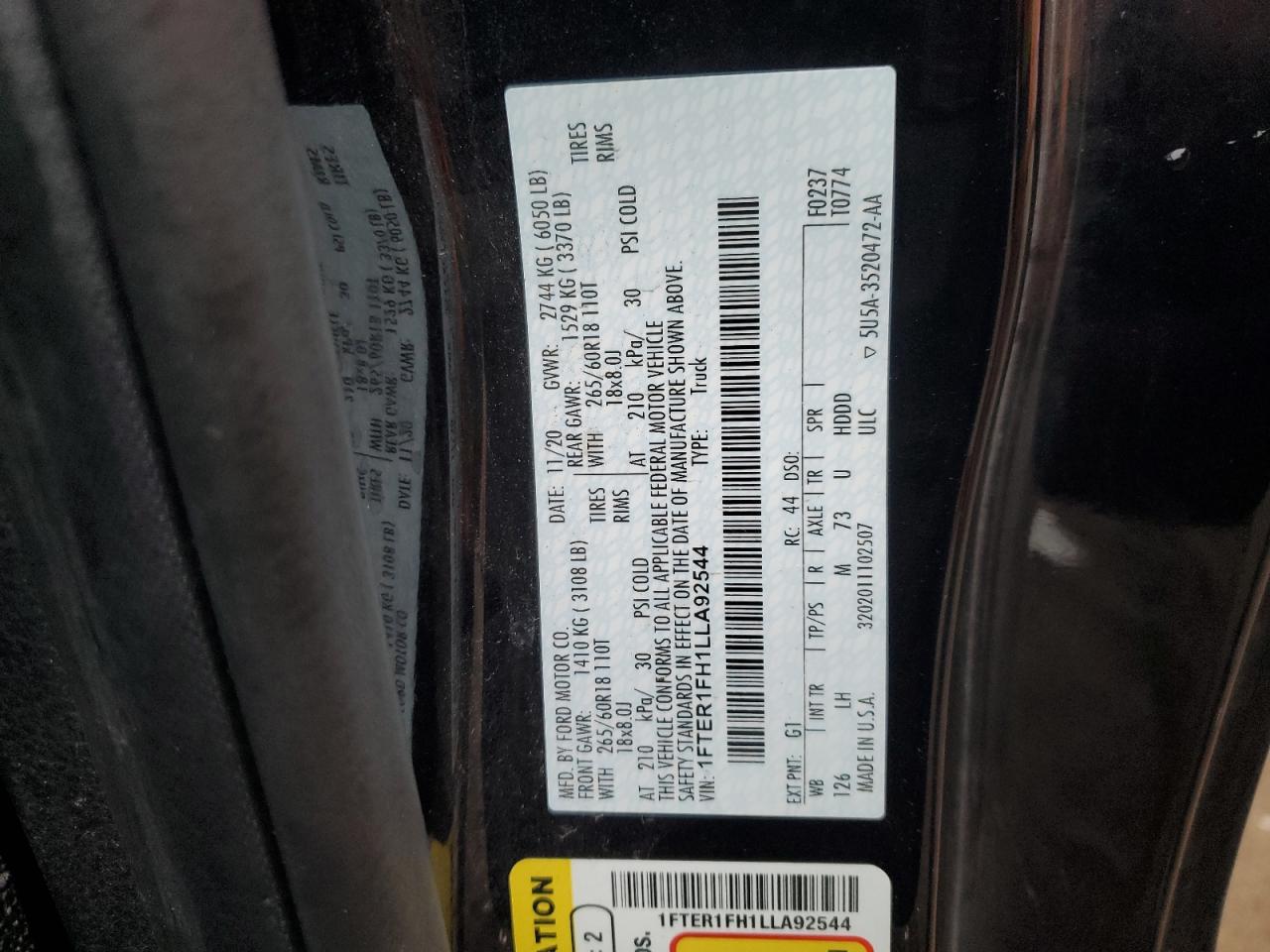 2020 Ford Ranger Xl VIN: 1FTER1FH1LLA92544 Lot: 93338535