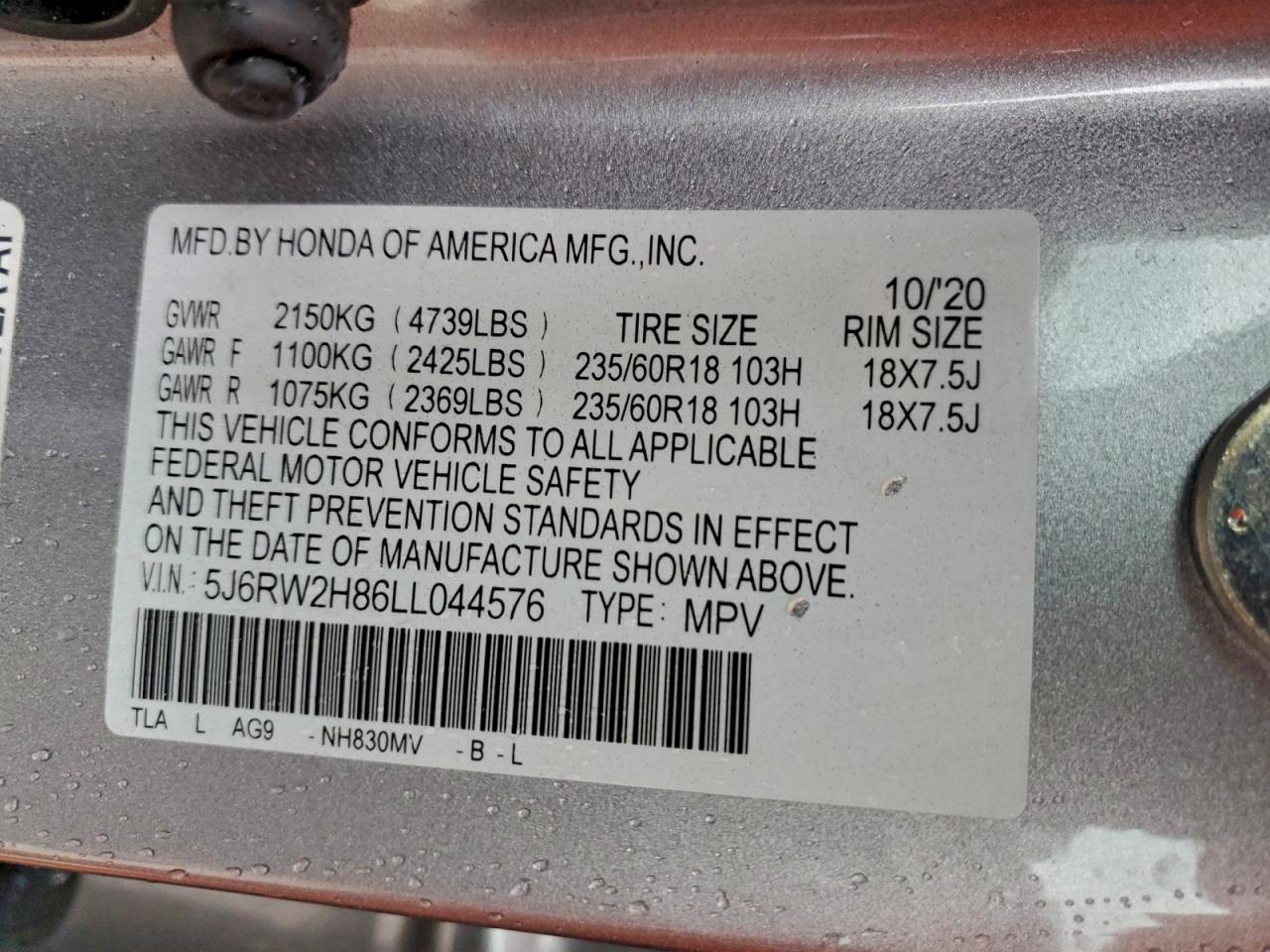 2020 Honda Cr-V Exl VIN: 5J6RW2H86LL044576 Lot: 93473485