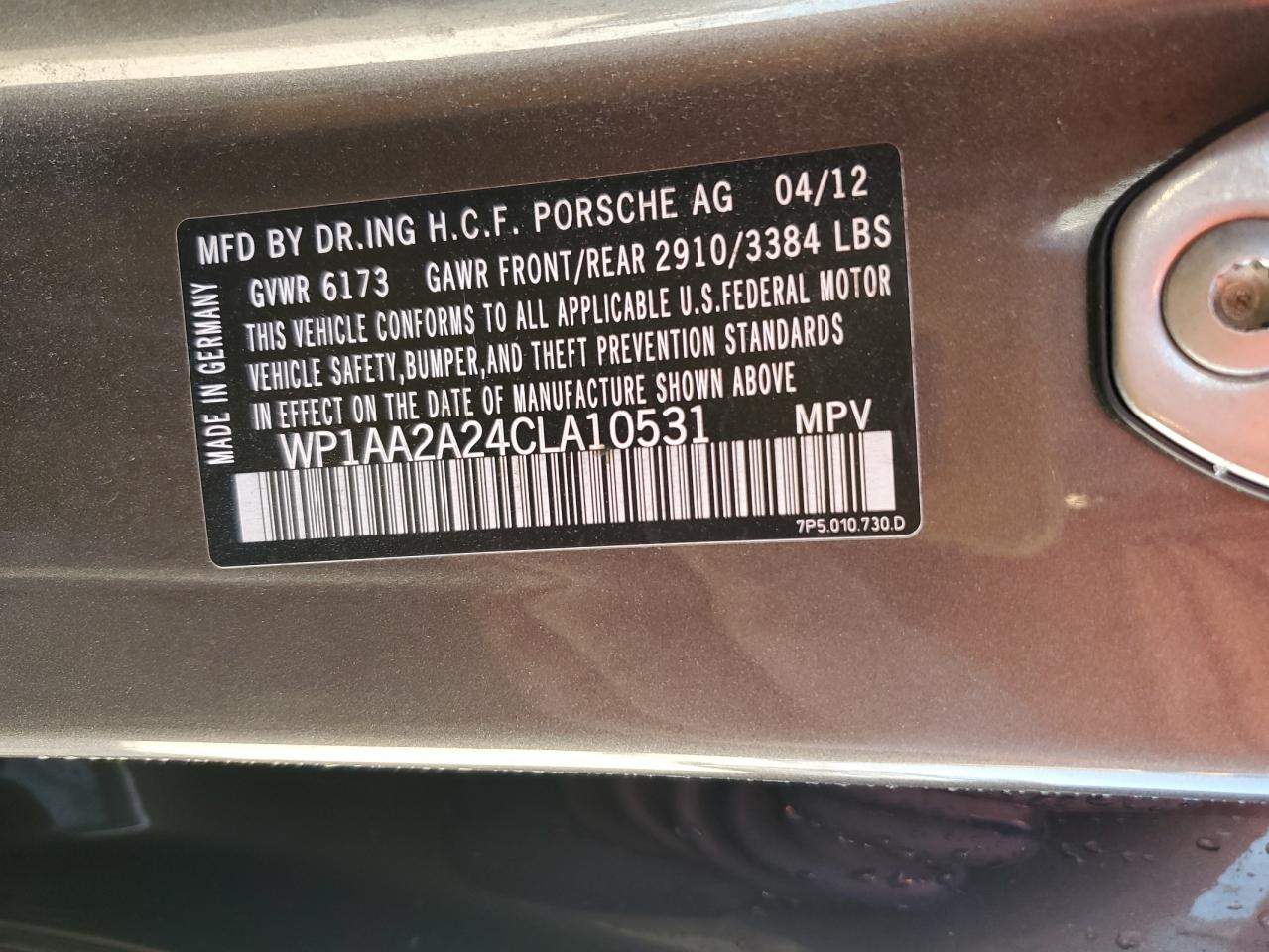 2012 Porsche Cayenne VIN: WP1AA2A24CLA10531 Lot: 92325865