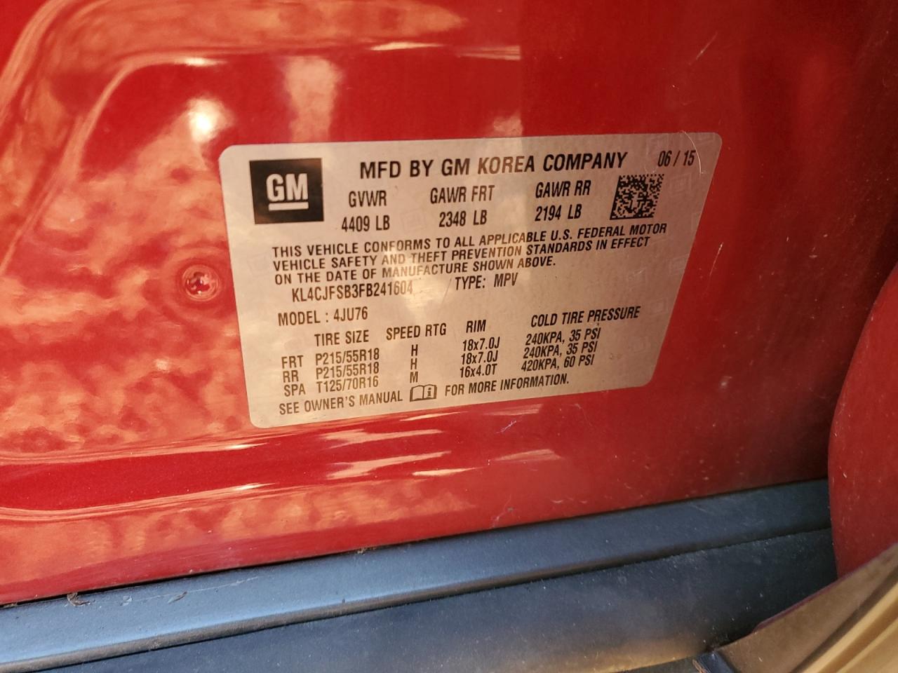 2015 Buick Encore Convenience VIN: KL4CJFSB3FB241604 Lot: 91704505