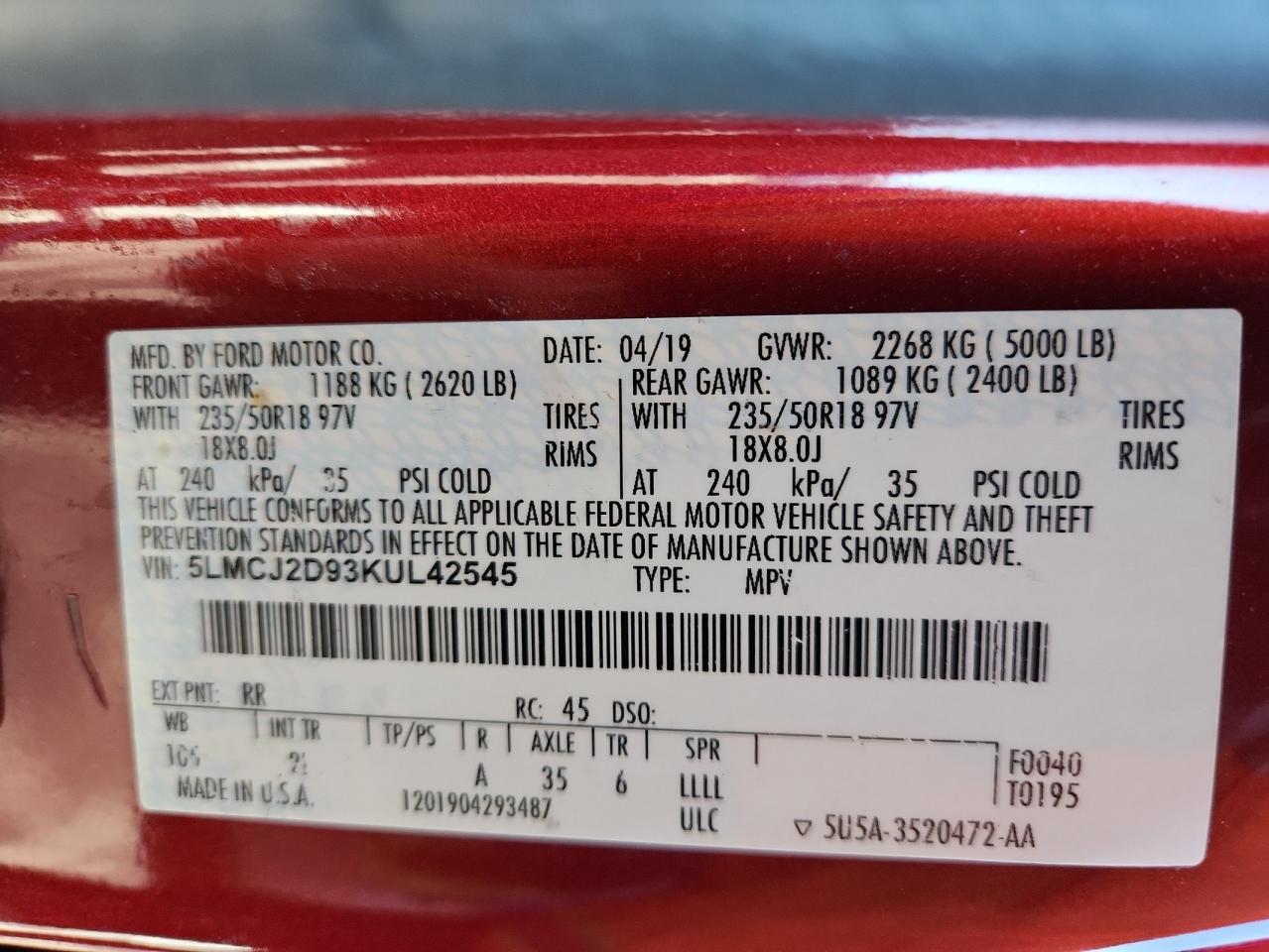 2019 Lincoln Mkc Select VIN: 5LMCJ2D93KUL42545 Lot: 93098995