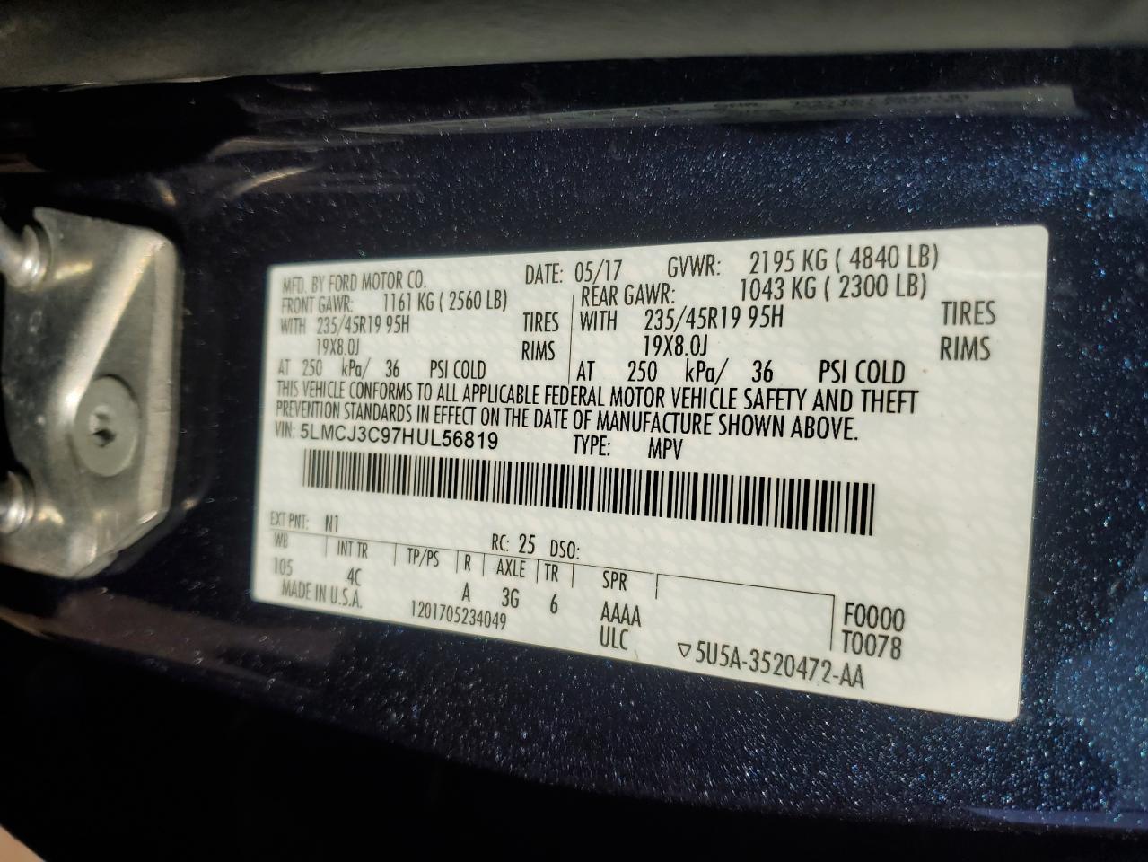 2017 Lincoln Mkc Reserve VIN: 5LMCJ3C97HUL56819 Lot: 93147165