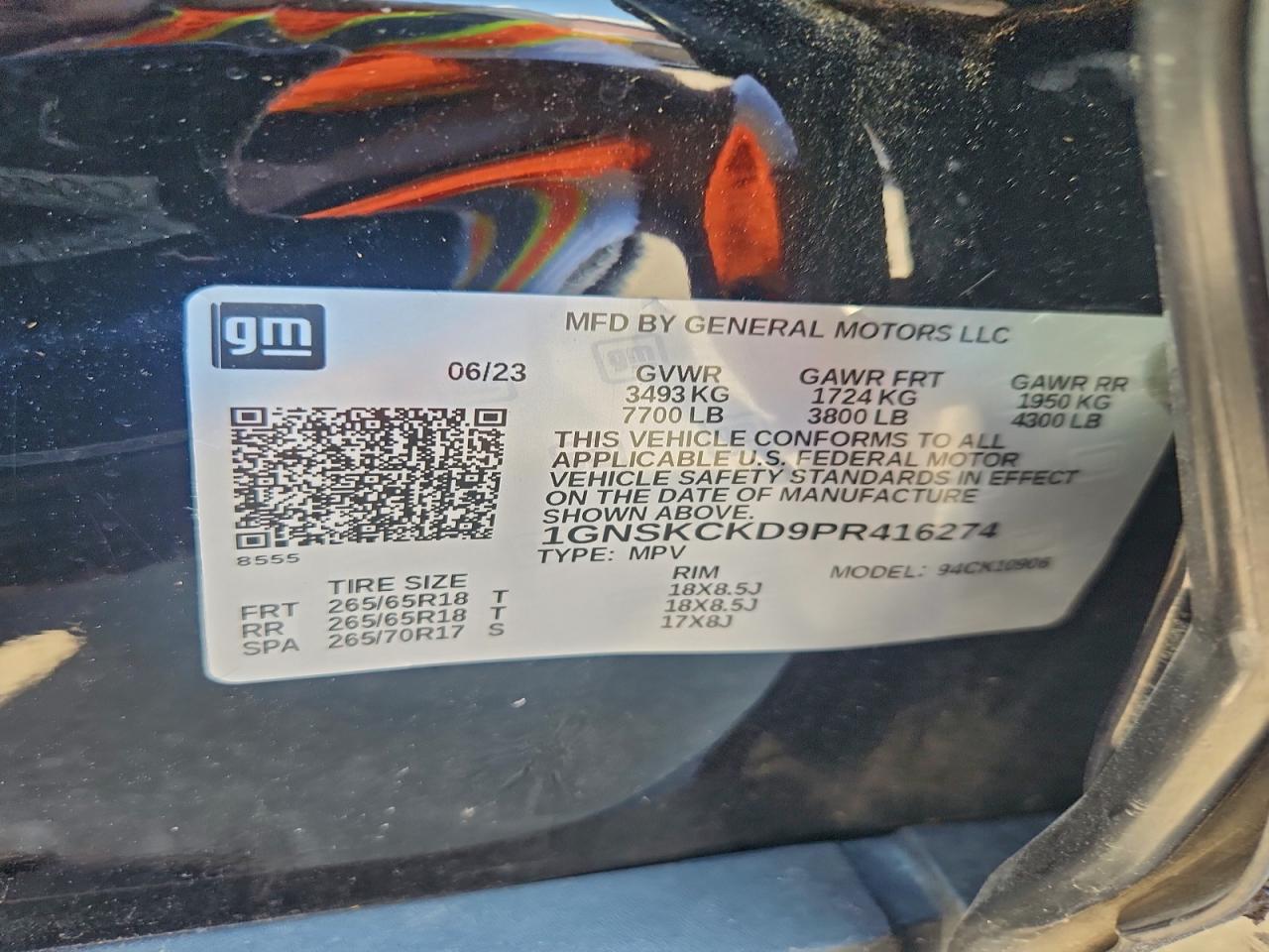 2023 Chevrolet Suburban K1500 Lt VIN: 1GNSKCKD9PR416274 Lot: 94494135