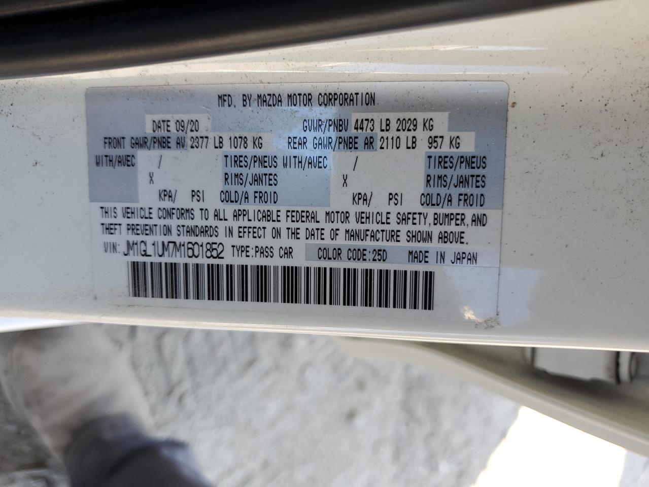 2021 Mazda 6 Sport VIN: JM1GL1UM7M1601852 Lot: 91814365