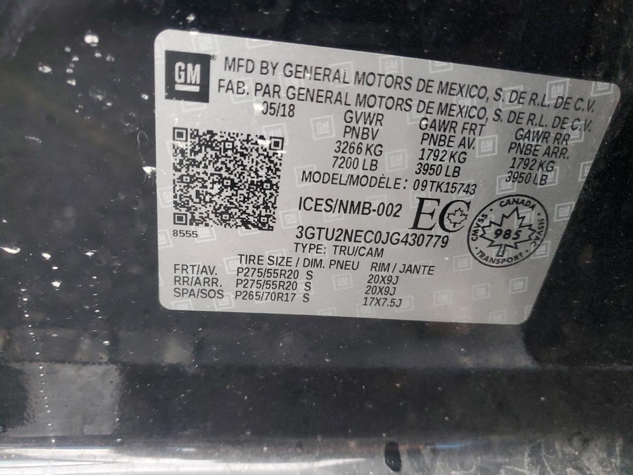 2018 GMC Sierra K1500 Slt VIN: 3GTU2NEC0JG430779 Lot: 93185045