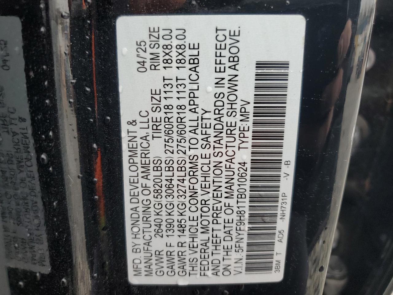 2026 Honda Passport Trailsport Elite VIN: 5FNYF9H81TB010624 Lot: 93042815