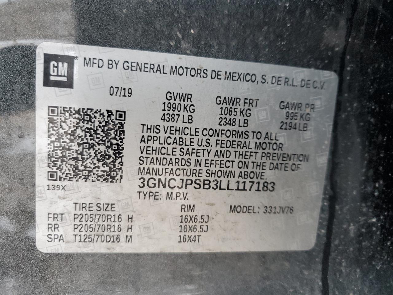 2020 Chevrolet Trax 1Lt VIN: 3GNCJPSB3LL117183 Lot: 92158645