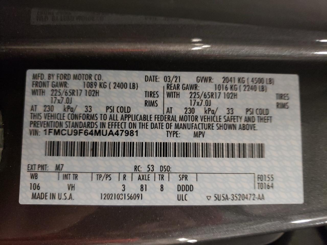 2021 Ford Escape S VIN: 1FMCU9F64MUA47981 Lot: 93677525