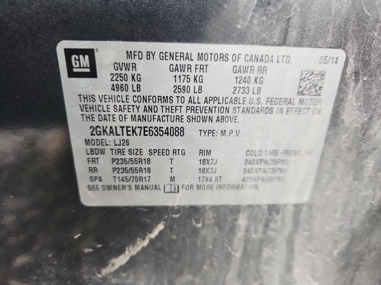 2014 GMC Terrain Slt VIN: 2GKALTEK7E6354088 Lot: 91250095