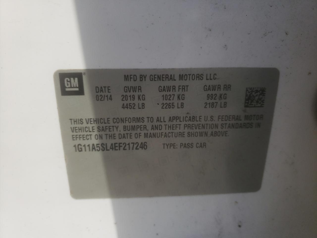 2014 Chevrolet Malibu Ls VIN: 1G11A5SL4EF217246 Lot: 93399725