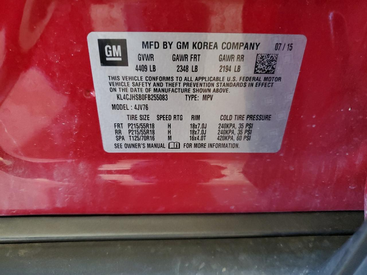 2015 Buick Encore Premium VIN: KL4CJHSB0FB255083 Lot: 92299705