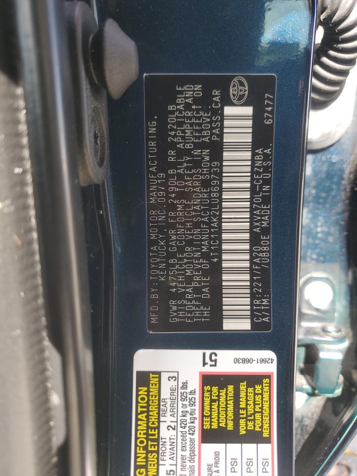 2020 Toyota Camry Le VIN: 4T1C11AK2LU869739 Lot: 92166645