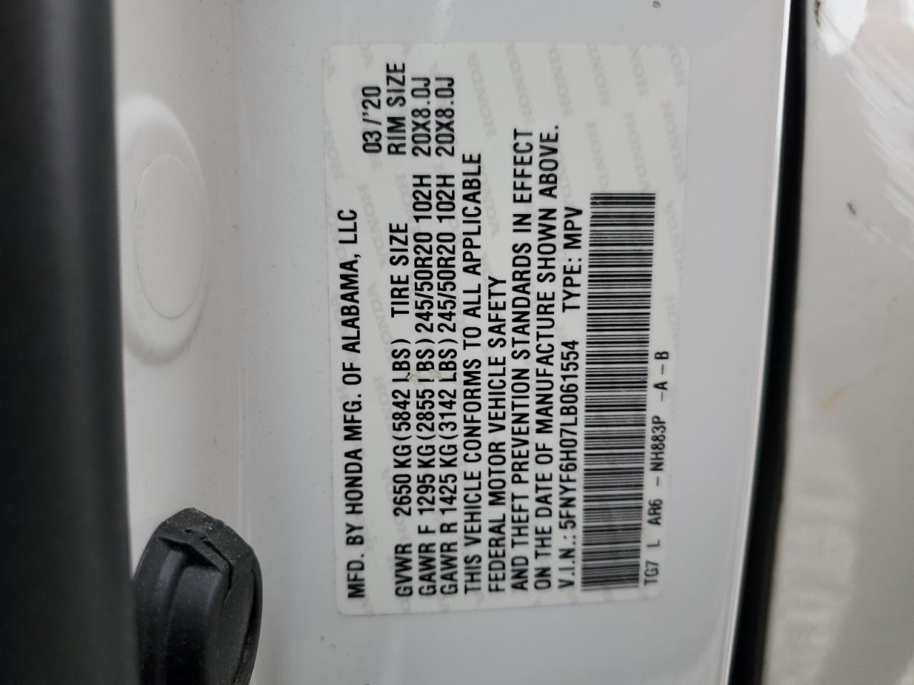 2020 Honda Pilot Elite VIN: 5FNYF6H07LB061554 Lot: 91818435
