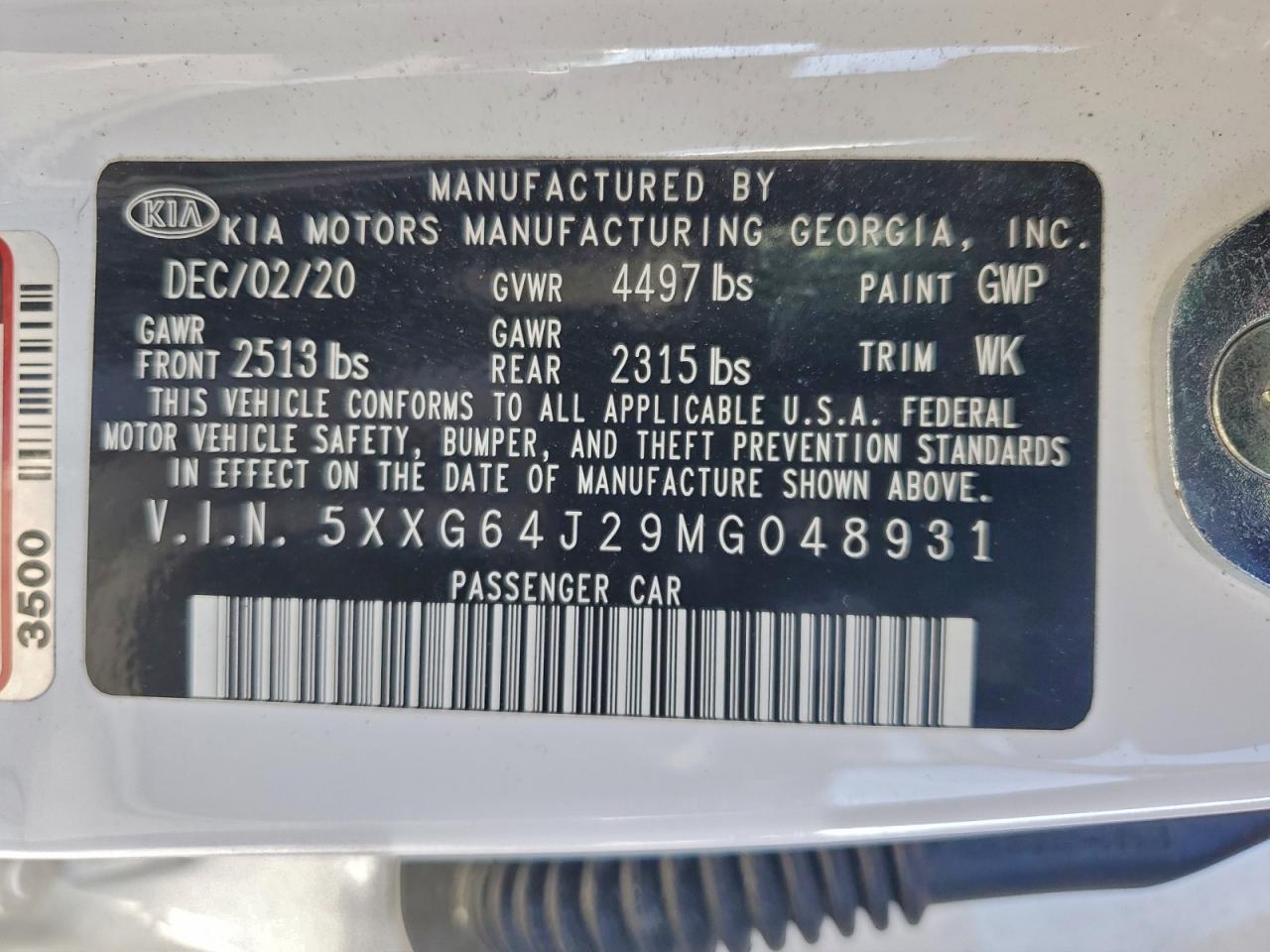 2021 Kia K5 Gt Line VIN: 5XXG64J29MG048931 Lot: 93712335