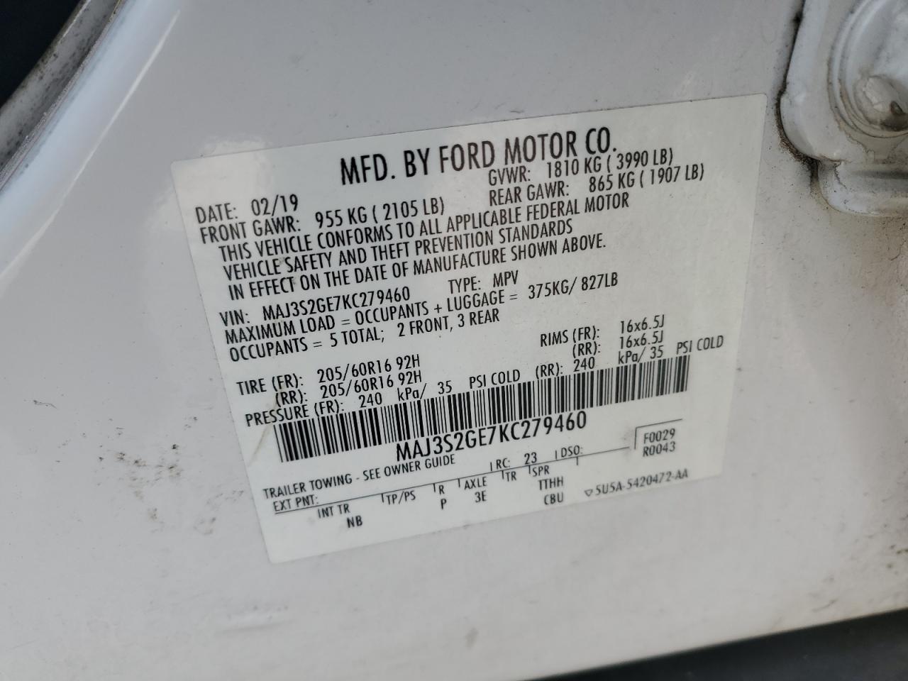 2019 Ford Ecosport Se VIN: MAJ3S2GE7KC279460 Lot: 91703675