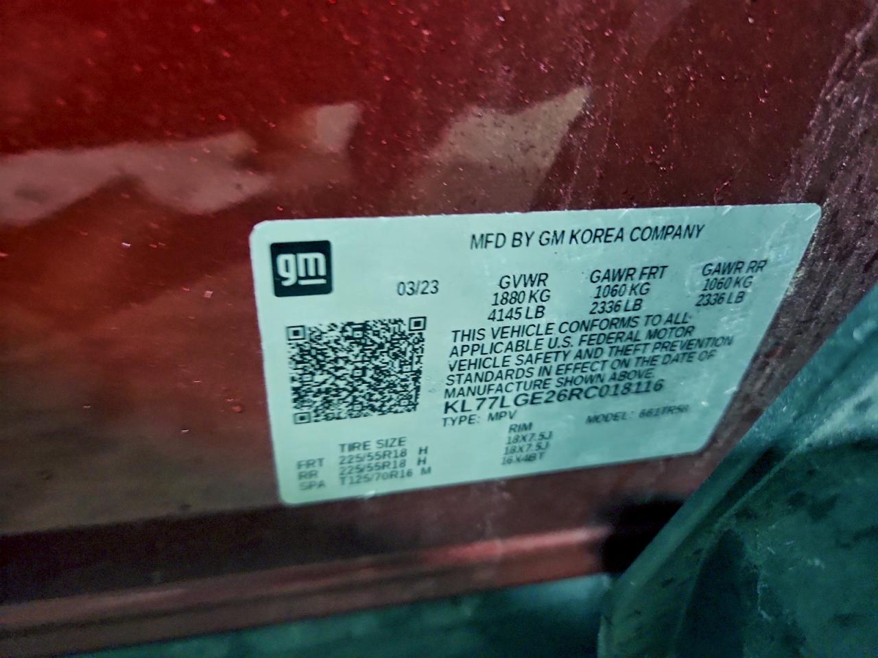 2024 Chevrolet Trax 1Rs VIN: KL77LGE26RC018116 Lot: 94357115