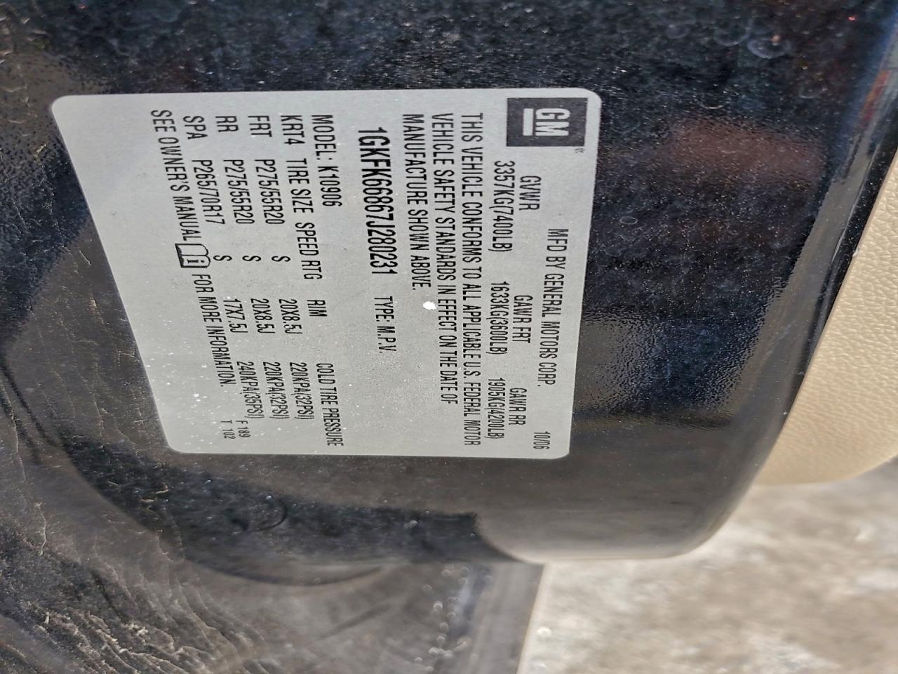 2007 GMC Yukon Xl Denali VIN: 1GKFK66867J280231 Lot: 93615885