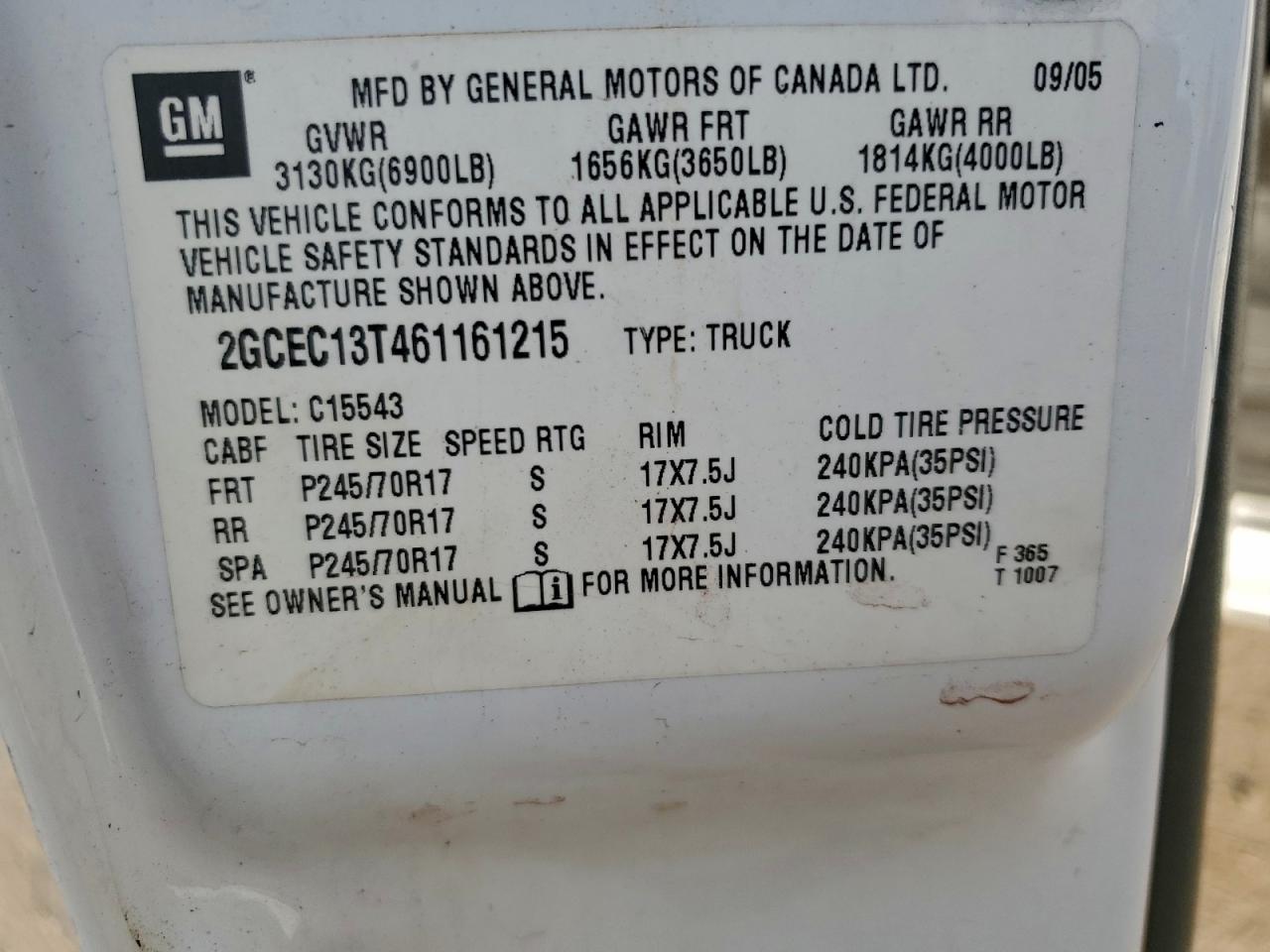 2006 Chevrolet Silverado C1500 VIN: 2GCEC13T461161215 Lot: 93954325