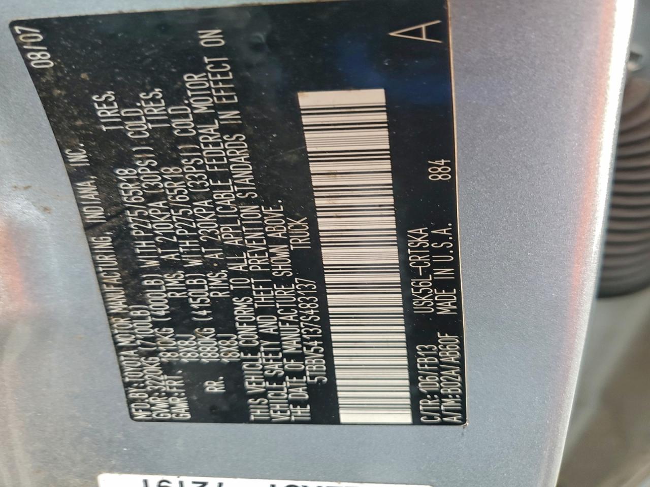 2007 Toyota Tundra Double Cab Sr5 VIN: 5TBBV54137S483137 Lot: 93908535