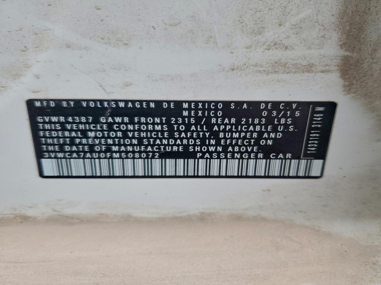 2015 Volkswagen Golf Sportwagen Tdi S VIN: 3VWCA7AU0FM508072 Lot: 93951055