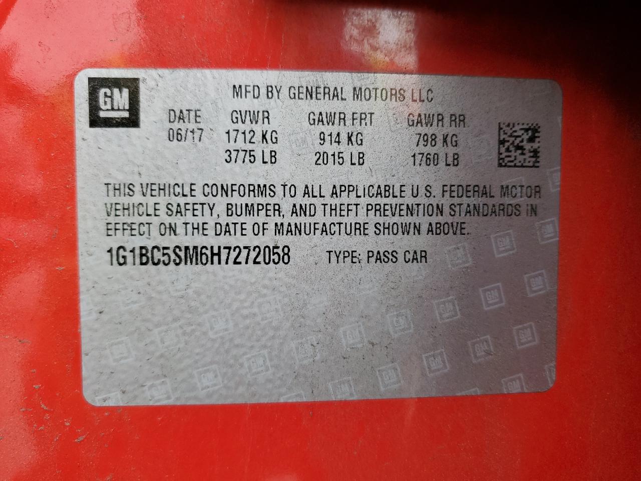 2017 Chevrolet Cruze Ls VIN: 1G1BC5SM6H7272058 Lot: 93378385