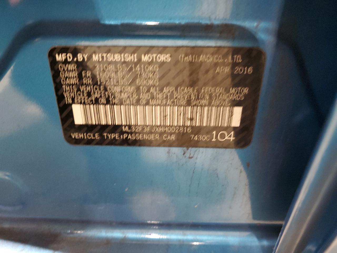 2017 Mitsubishi Mirage G4 Es VIN: ML32F3FJXHH002816 Lot: 90233645