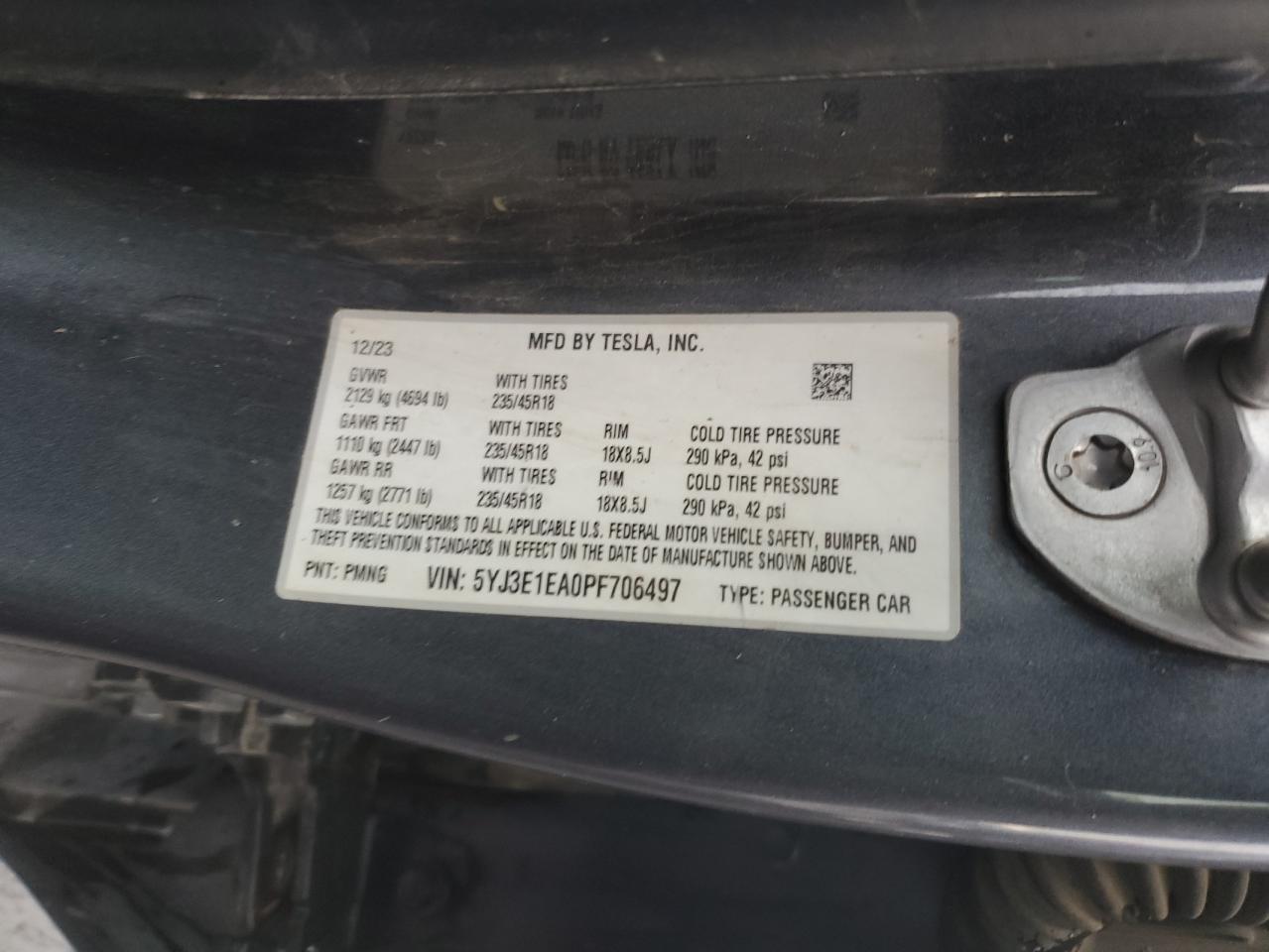 2023 Tesla Model 3 VIN: 5YJ3E1EA0PF706497 Lot: 92739335