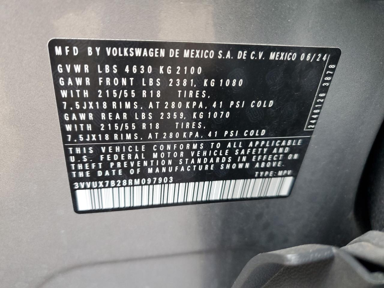 2024 Volkswagen Taos Se VIN: 3VVUX7B28RM097903 Lot: 93114335