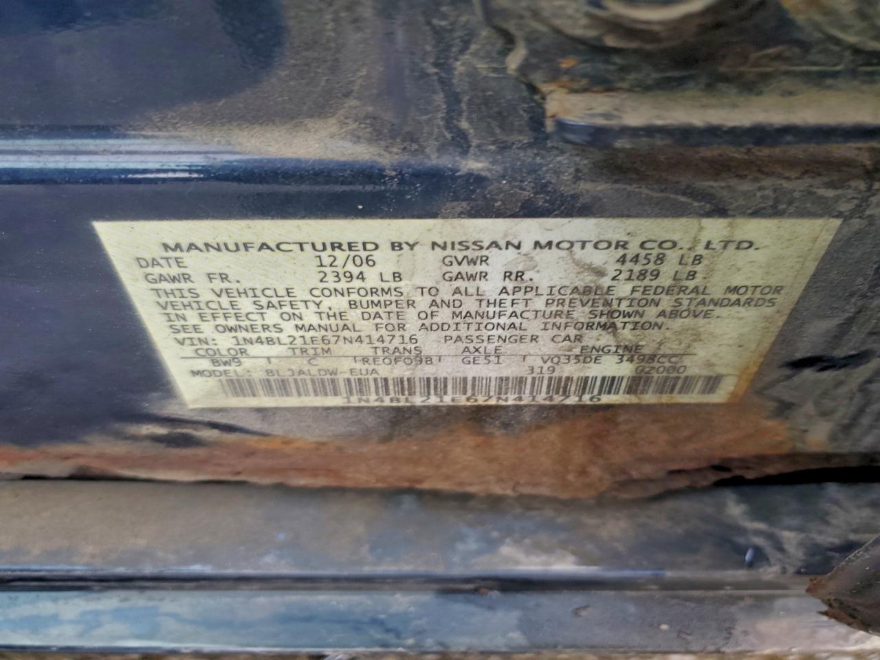 2007 Nissan Altima 3.5Se VIN: 1N4BL21E67N414716 Lot: 94260275