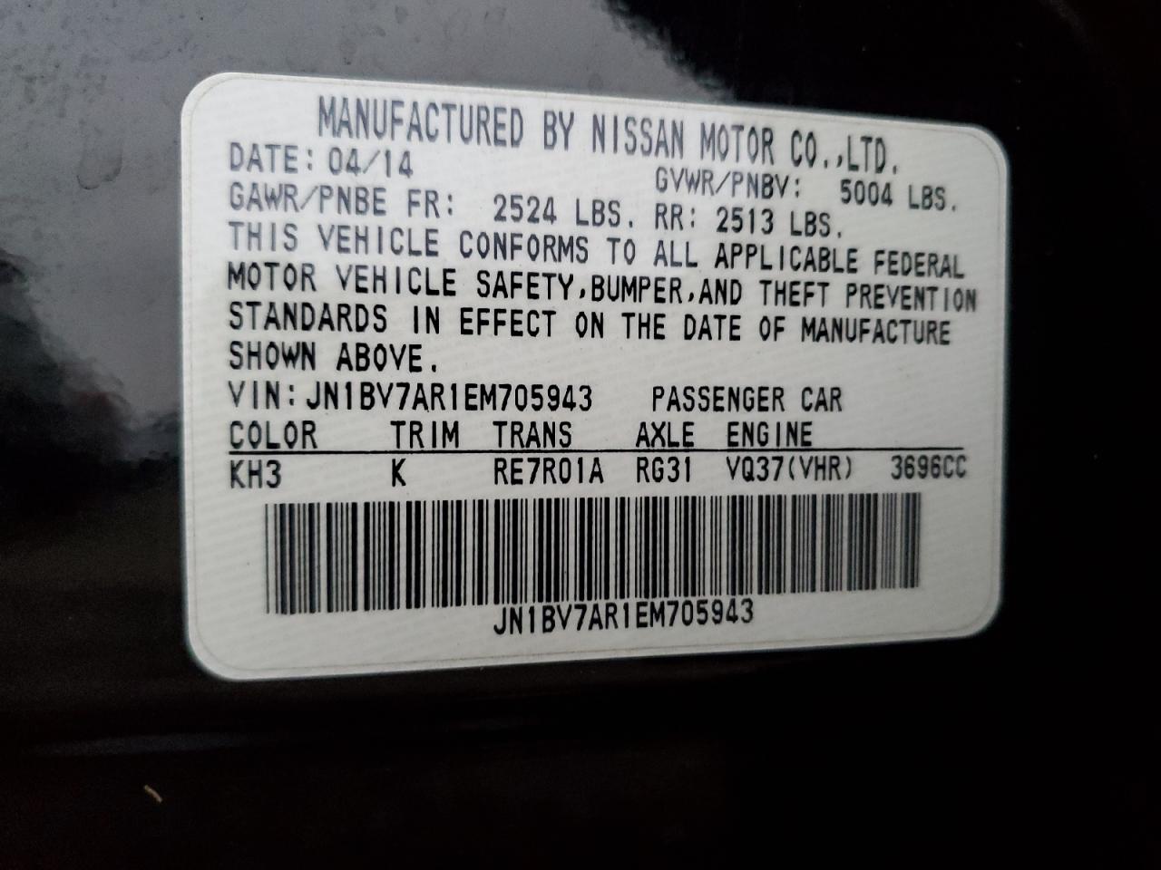 2014 Infiniti Q50 Base VIN: JN1BV7AR1EM705943 Lot: 93537005