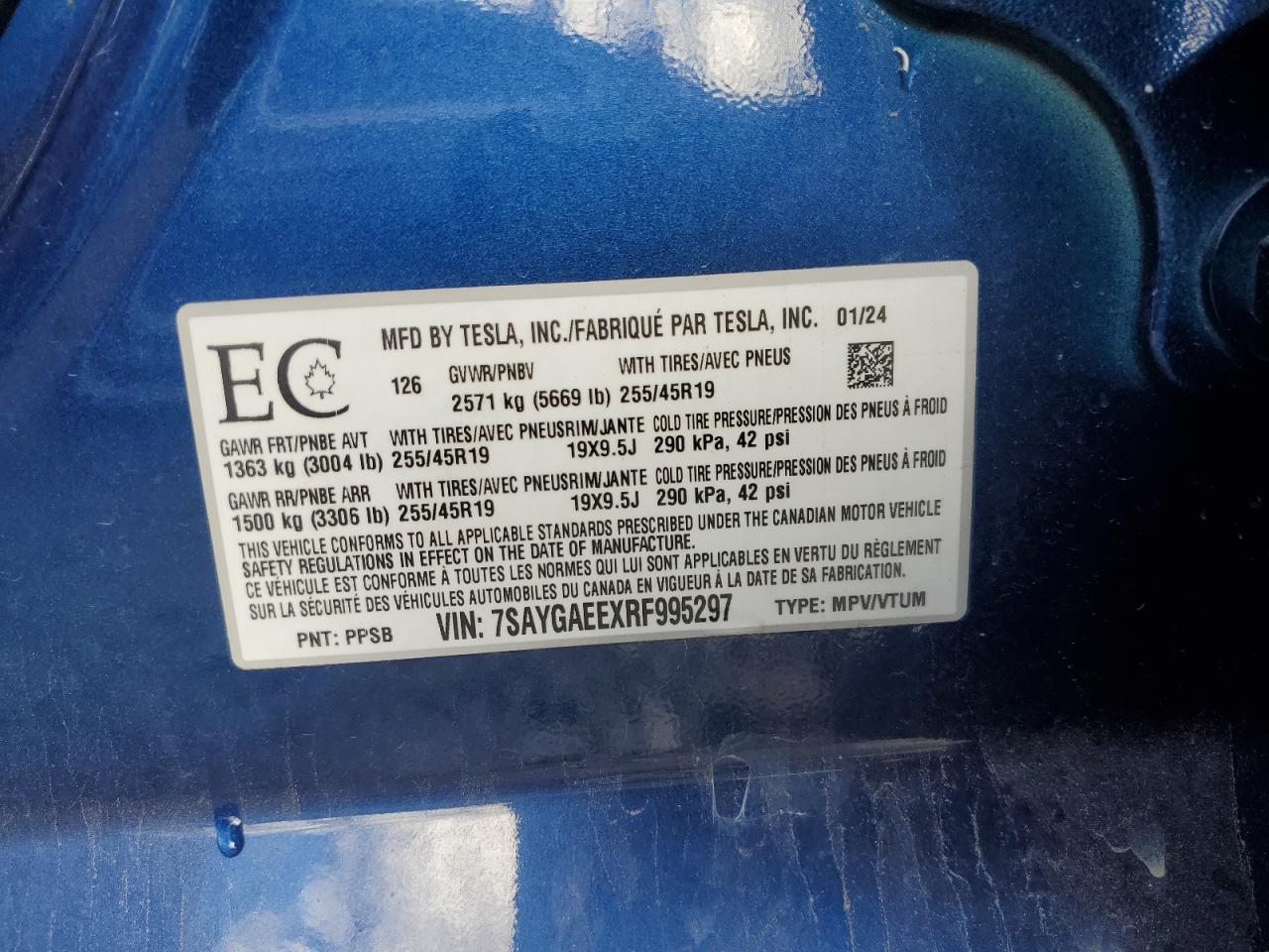 2024 Tesla Model Y VIN: 7SAYGAEEXRF995297 Lot: 91003465