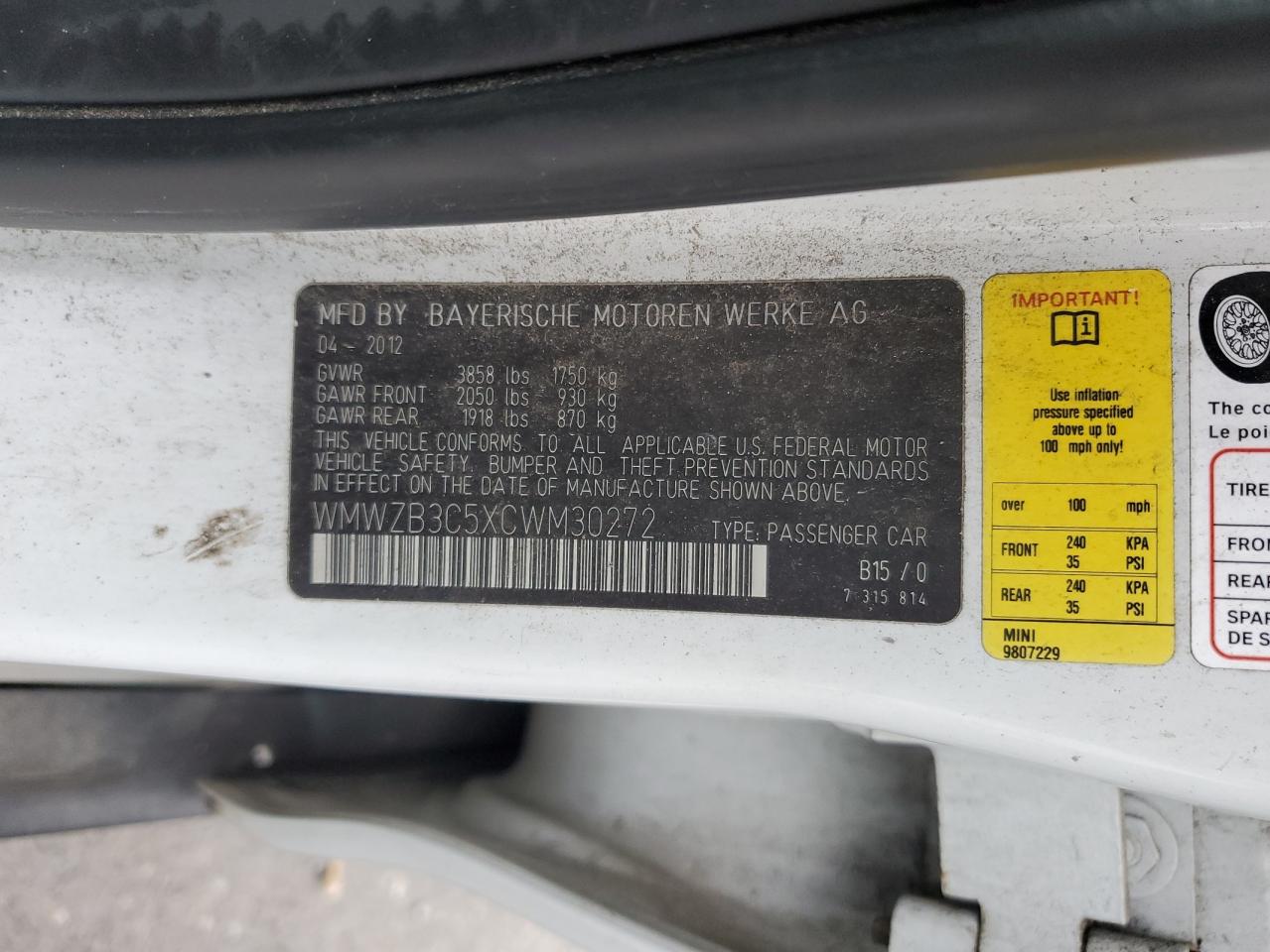 2012 Mini Cooper Countryman VIN: WMWZB3C5XCWM30272 Lot: 90924045