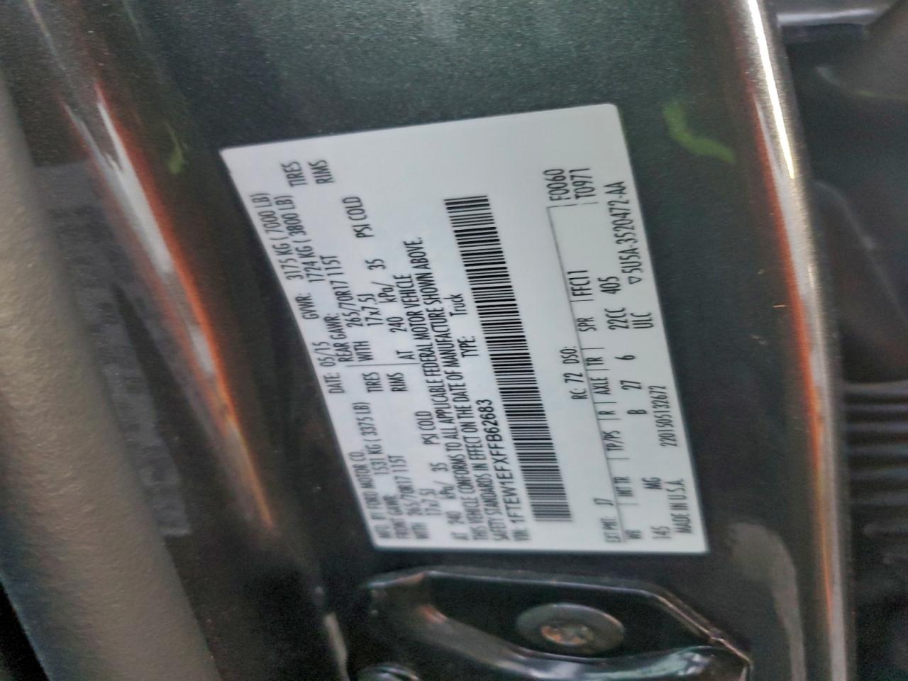 2015 Ford F150 Supercrew VIN: 1FTEW1EFXFFB62683 Lot: 94638185