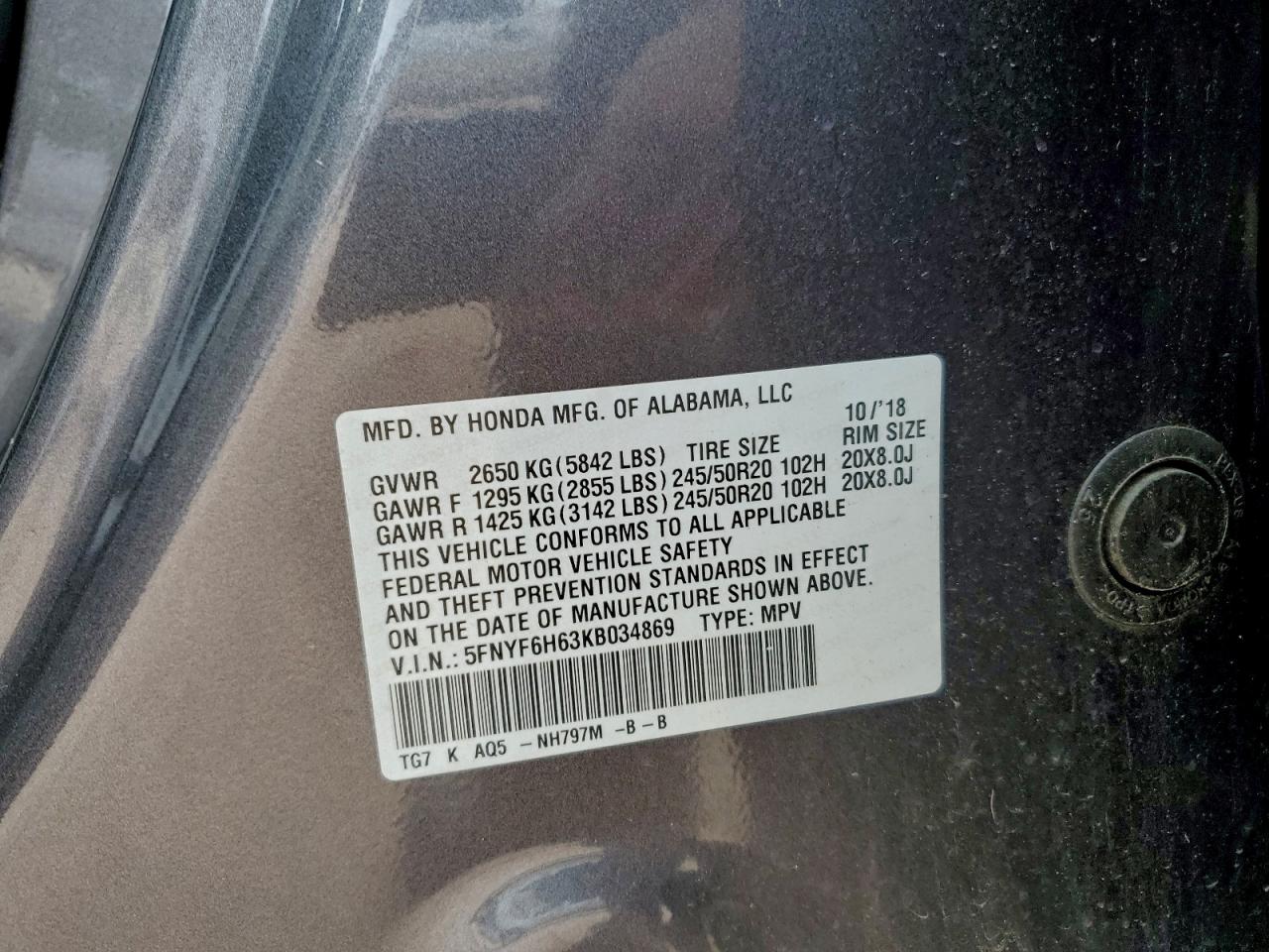 2019 Honda Pilot Touring VIN: 5FNYF6H63KB034869 Lot: 93847455