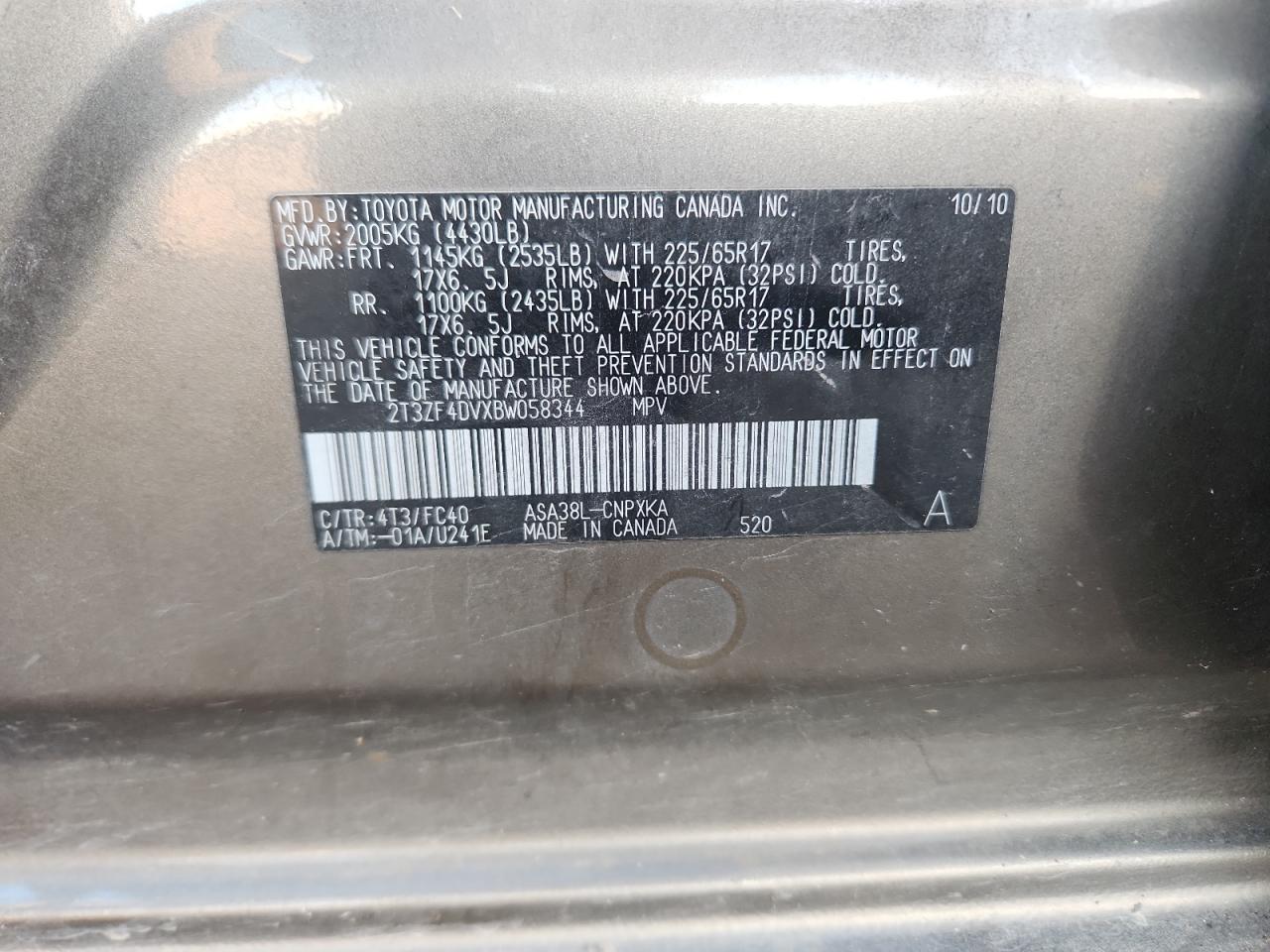 2011 Toyota Rav4 VIN: 2T3ZF4DVXBW058344 Lot: 93060885